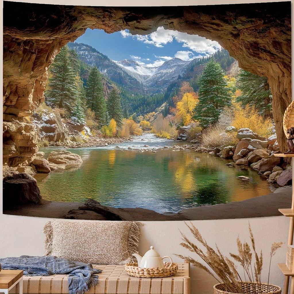 Nature Forest Mountain Tapestry Green Pine Tree Tapestry for Bedroom Aesthetic White Clouds Flowing River Landscape Classroom Tapestries Wall Hanging