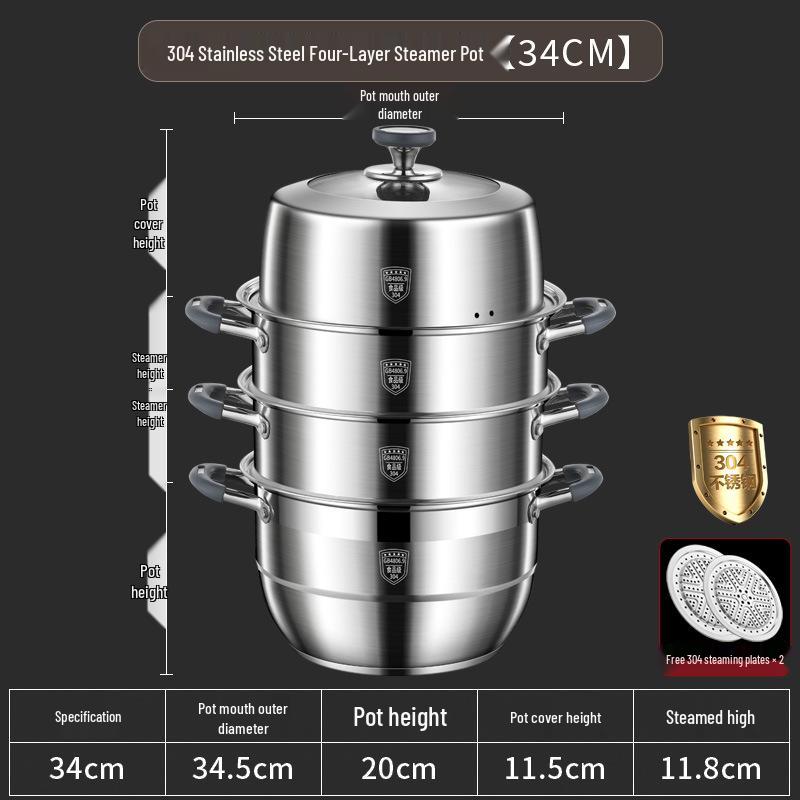 Large Capacity 304 Stainless Steel Steamer Pot with Thickened Multi-Layer Steaming Baskets for Household Use