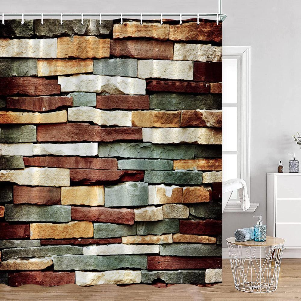 Countryside Wooden Board Shower Curtain Brick Wall Farmhouse Farm Bathroom Curtains Wooden Planks Art Pattern Bath Curtain Decor