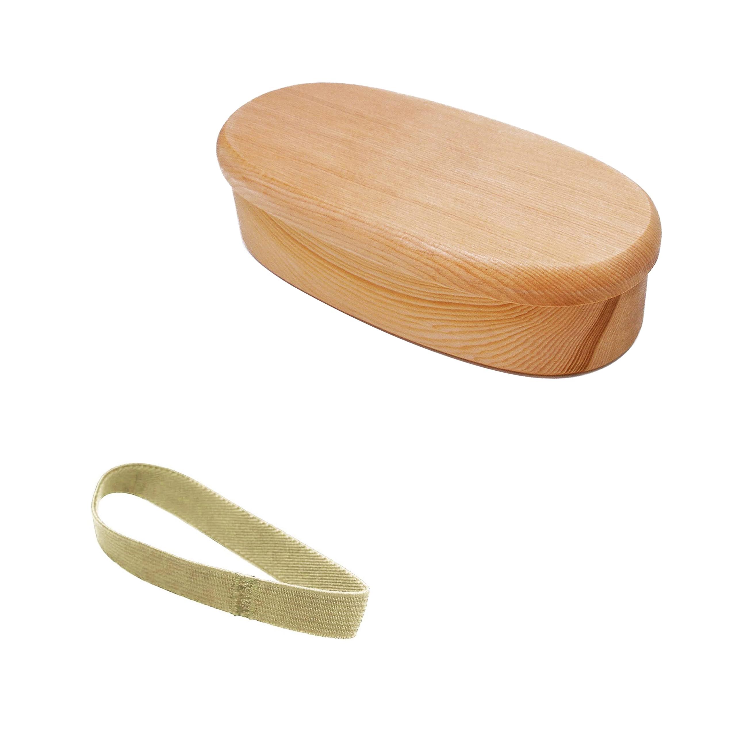 

Osaka Choseido Wooden Hollowed-Out Lunch Box, Oval (Mokume) with Lacquer Finish, Single Tier (420cc, Narrow Oval, Divided, Beige Band)