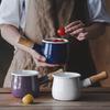 0.6qt Mini Enamel Milk Pot Insulated Wooden Handle 2 Pour Spouts Small Food Warmer Cute Saucepan D015White