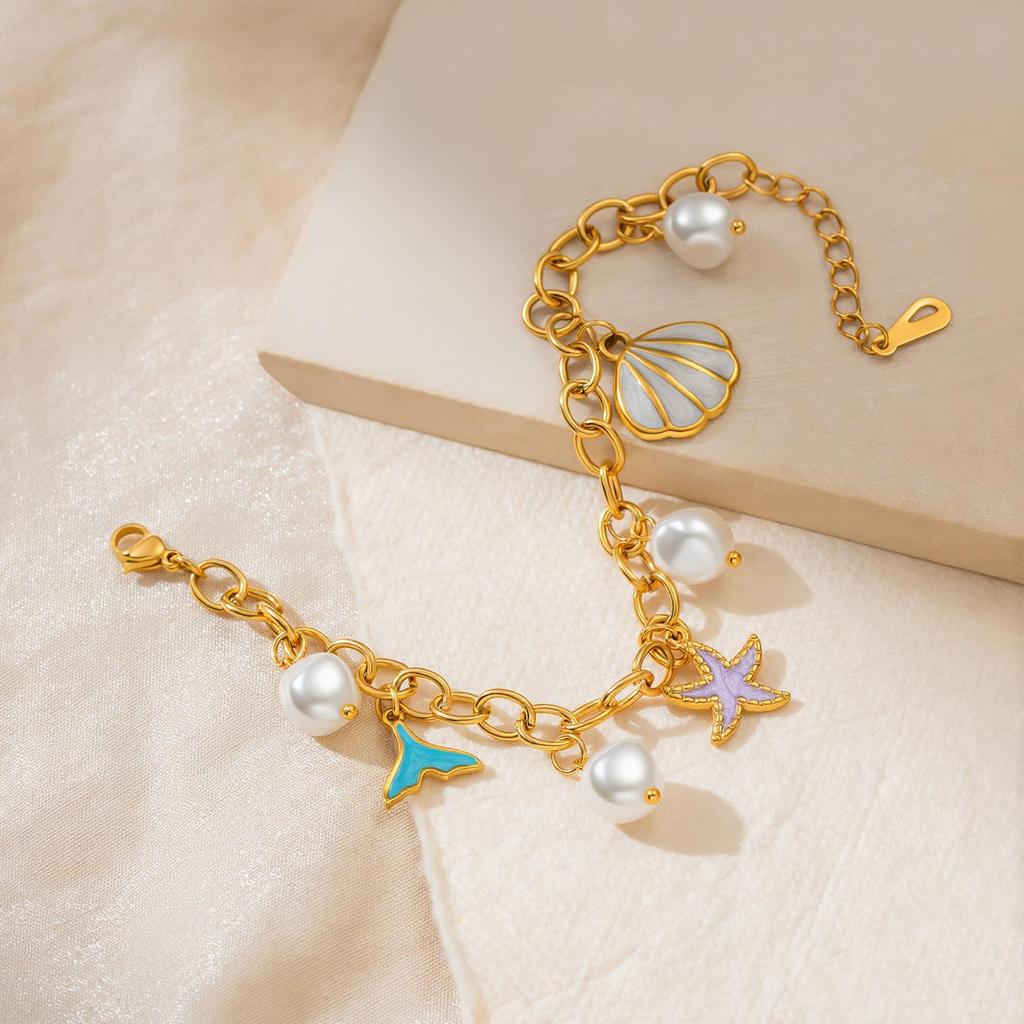 Mermaid Tail & Starfish Pearl Bracelet, 18K Gold Plated, Stainless Steel, Anti-Allergic for Summer Beach Style