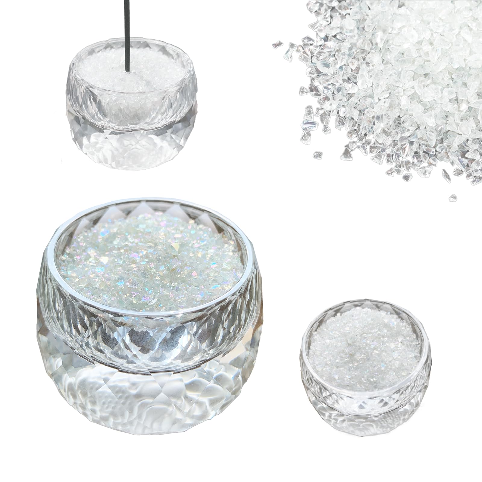 

lastweek Crystal Glass Incense Burner, Incense Holder for Buddhist Altars, Compact and Stylish, Includes 50g Glass Chips, Sparkling (Round)