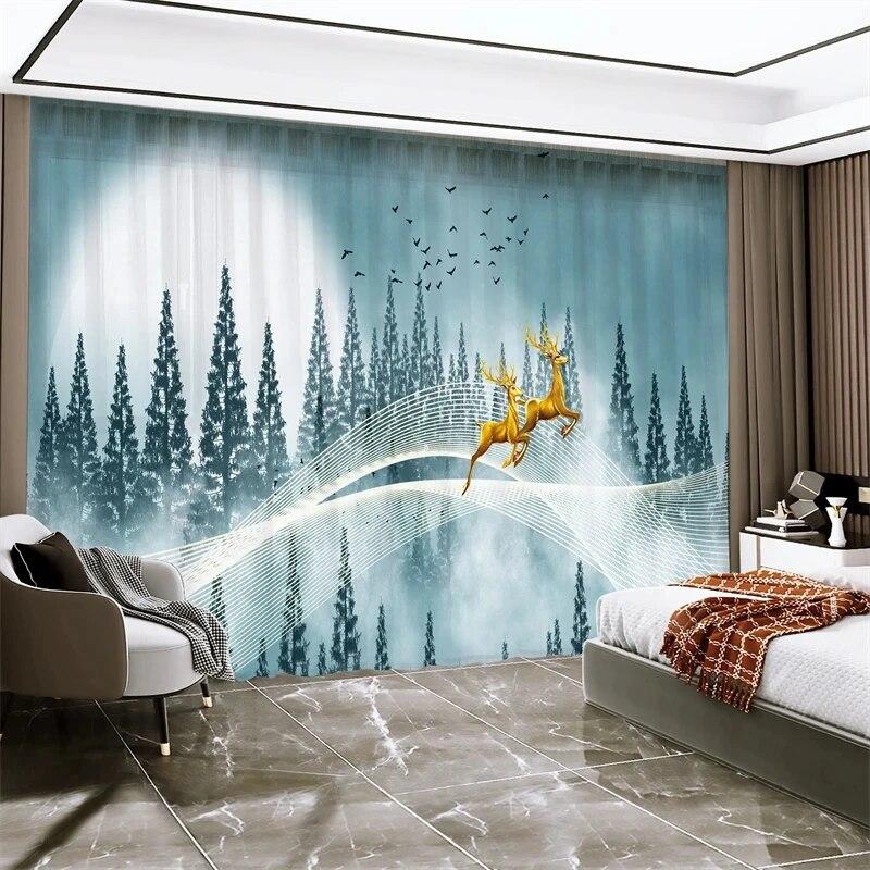 New Chinese Style Luxury Gold Elk Lucky Fortune Curtain Bedroom Living Room Kitchen Blinds Curtain 2 Panels High Shading New