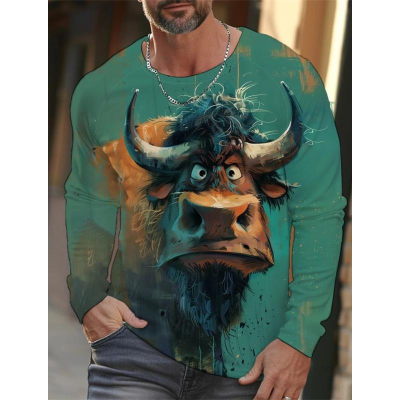 Spring and Autumn Round Neck 3D Printed Funny Animal Pattern Top Fashionable Casual Long Sleeved Men's T-shirts