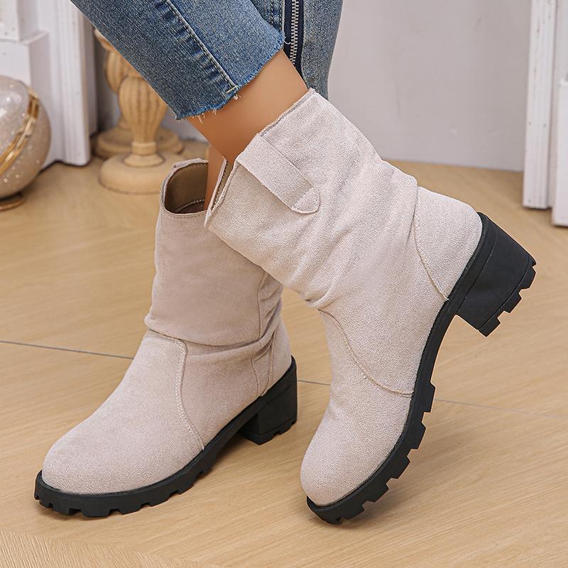 Lucyever Pleated Design Slip On Ankle Boots Woman 2024 Vinatge Flock Thick Heels Cowboy Boots Woman Plus Size Short Botas Mujer