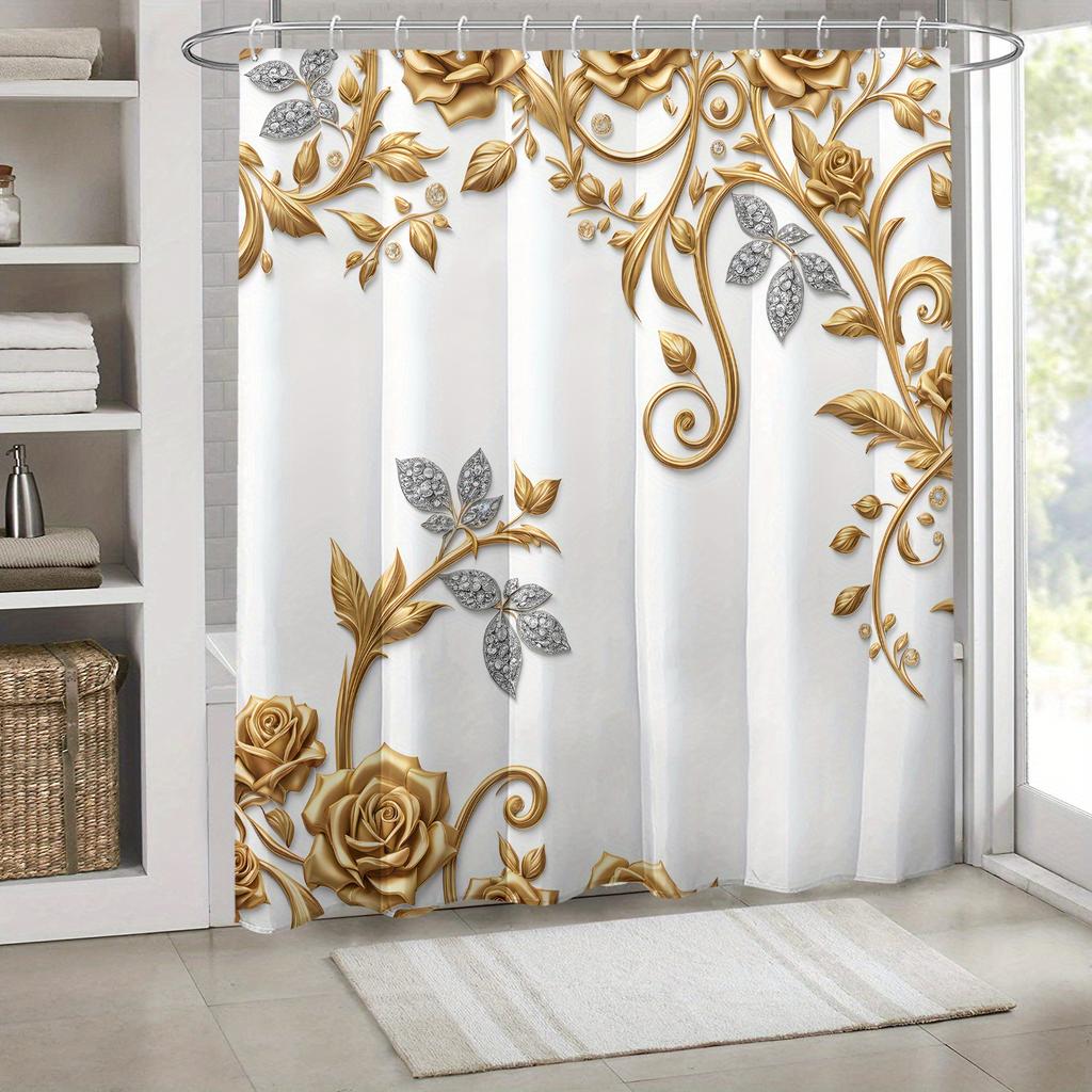 Eleganter gold- und weißfarbener wasserdichter Duschvorhang mit floralem Muster – Perfekt, um Ihrer Badezimmerdeko eine luxuriöse und stilvolle Note zu verleihen