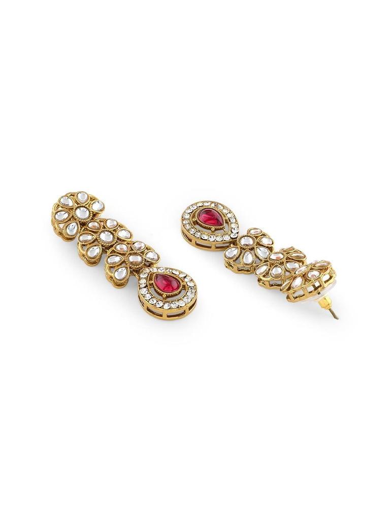 Pink Stones Antique Plated Traditional Kundan Necklace Earring & Maangtikka Set For Women