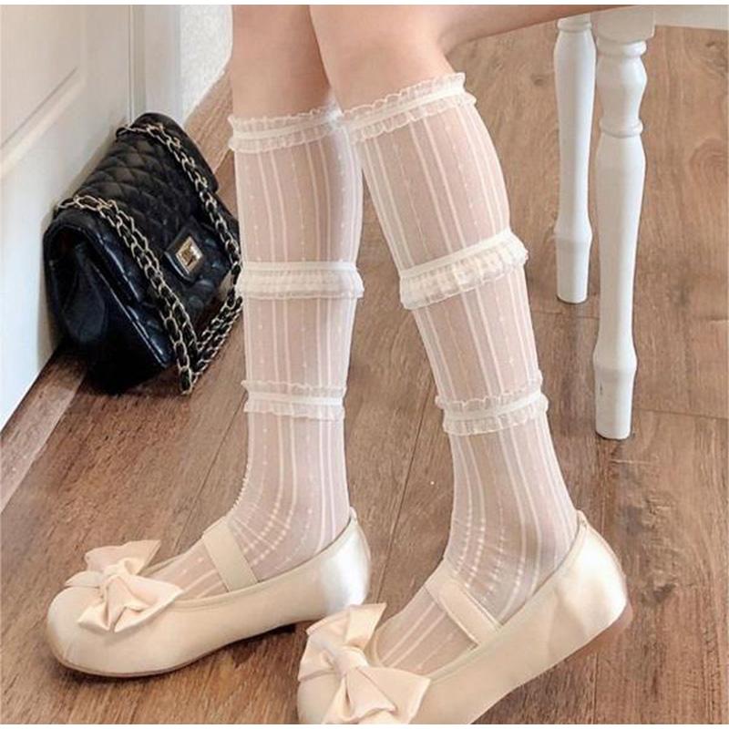 Bas sexy à volants et rayures pour femmes, avec nœud papillon et perles, tendance, rétro, en dentelle élastique, longues chaussettes