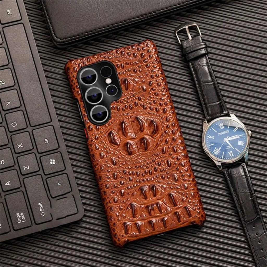 Echte Rindsleder Dünne Hülle Für Samsung Galaxy S10 S20 S21 S22 S23 S24 S25 Plus Ultra 3D Krokodil Schädel Rückseite Hülle