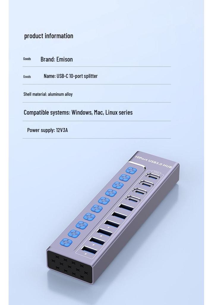 10-Port USB 3.0 Hub with Switch, Charging Type-C Port, One-to-Ten Splitter