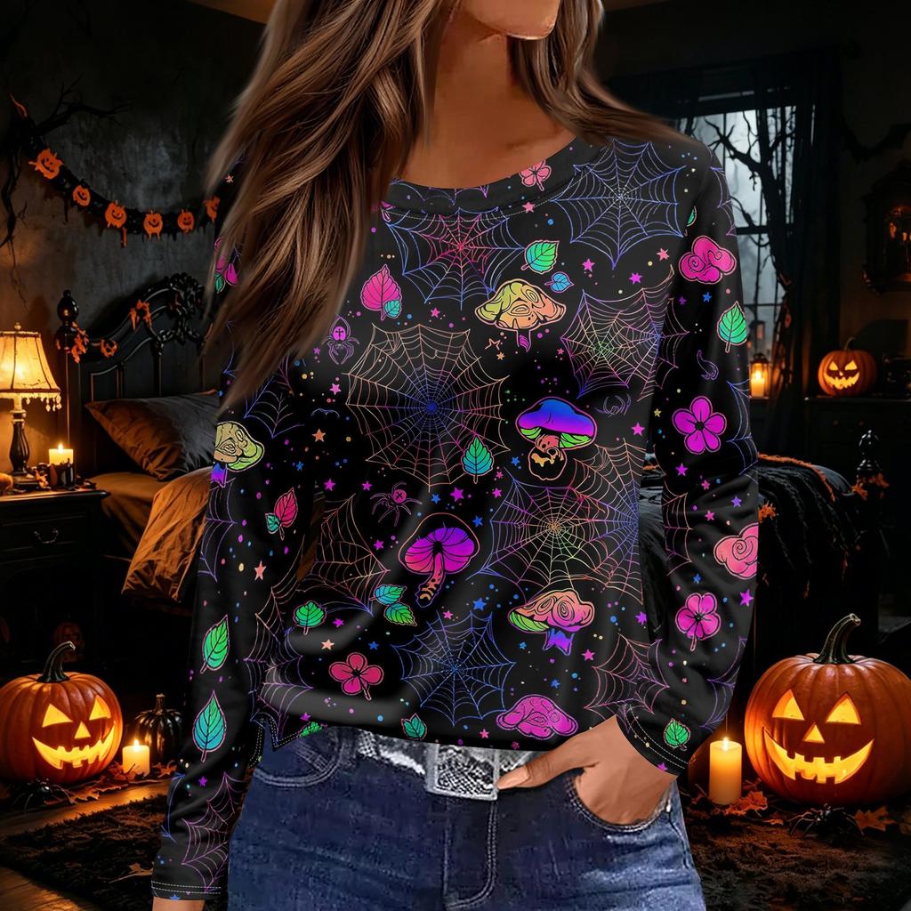 Women's Long Sleeve Round Neck Top with Halloween Print and Side Split Hem