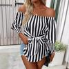 Women's Fashion Loose Strapless Lantern Sleeve Asymmetric Hem Striped Shirt