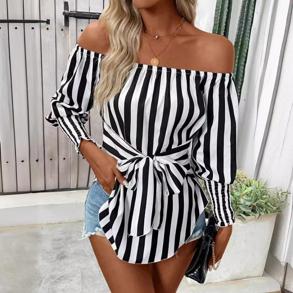 Women's Fashion Loose Strapless Lantern Sleeve Asymmetric Hem Striped Shirt