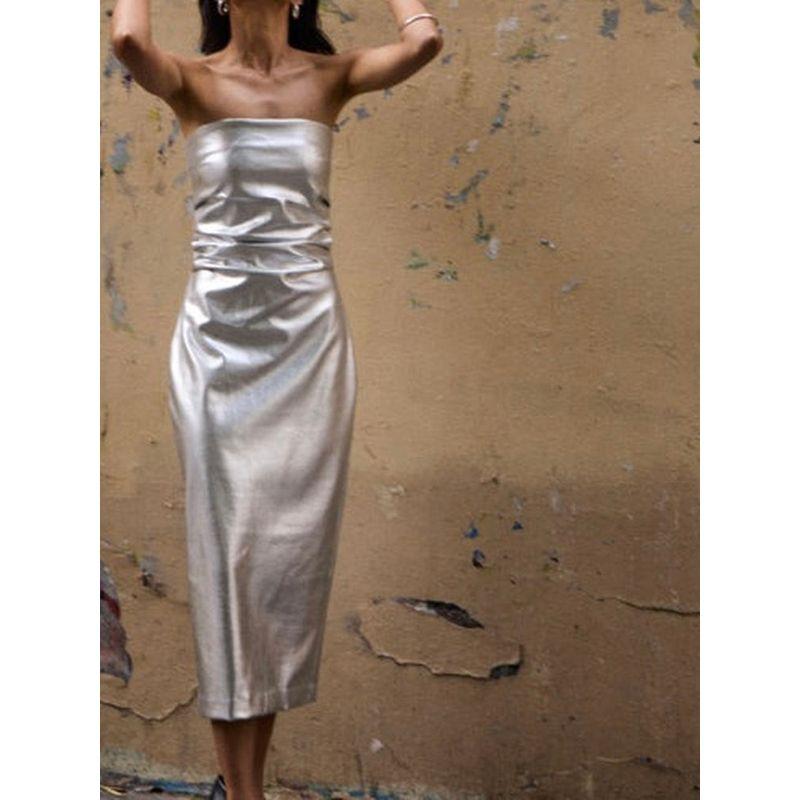 Foreign Trade Order Summer New Sexy Gyaru Tube Top Metal Sense Silver Pleat Senior Women Mid-Length Dress