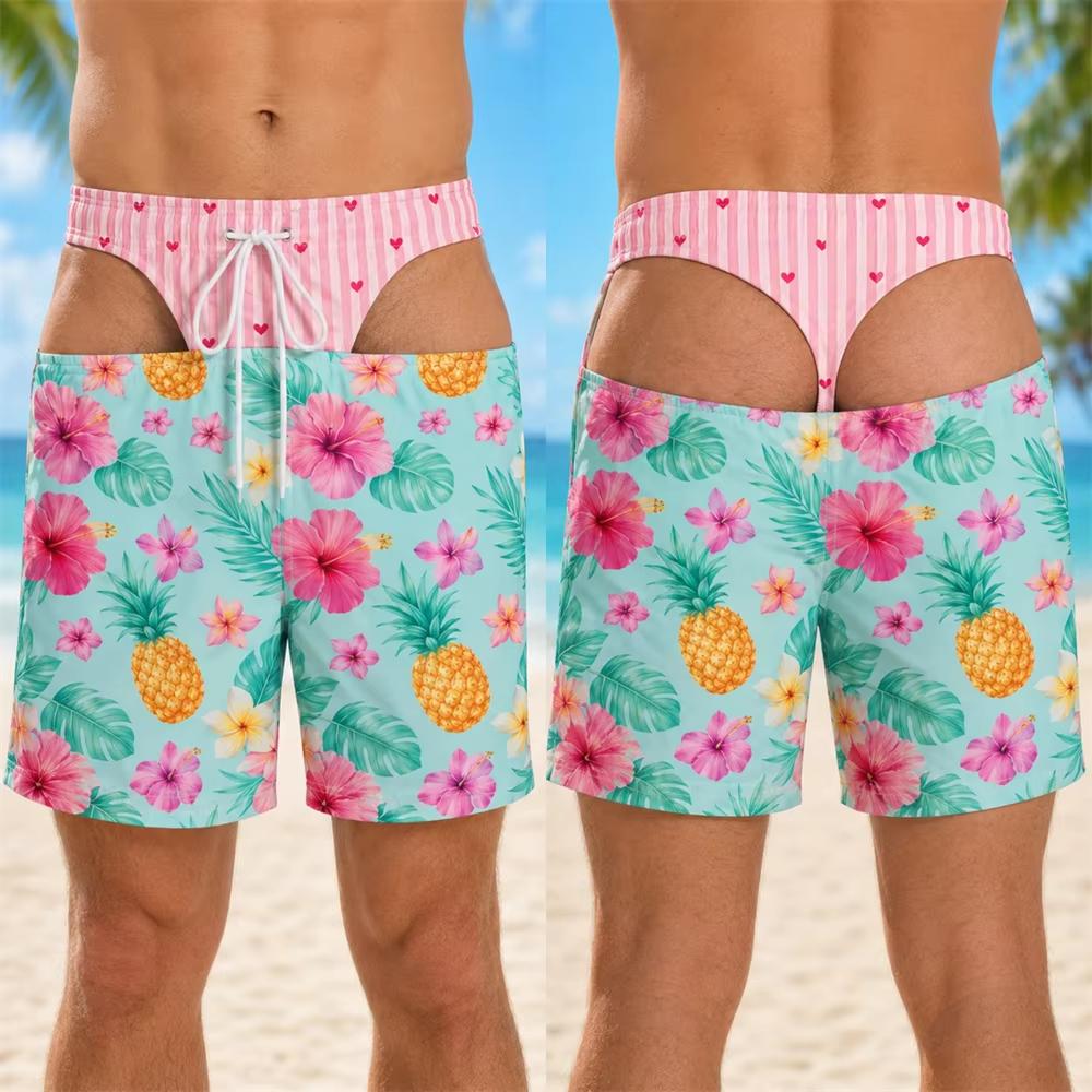 Tropical Plant Flowers Print Fake Buttocks Pattern Funny Men Swim Trunks Perfect Quirky Party Gifts Summer Fashion Beach Shorts