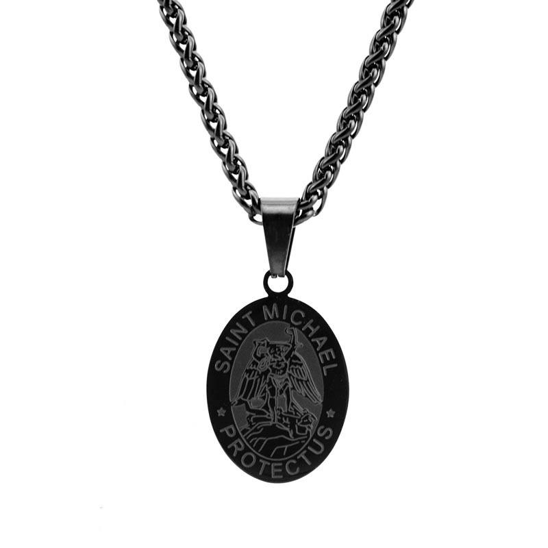 Men's Summer Trendy Black Saint Michael Pendant Necklace