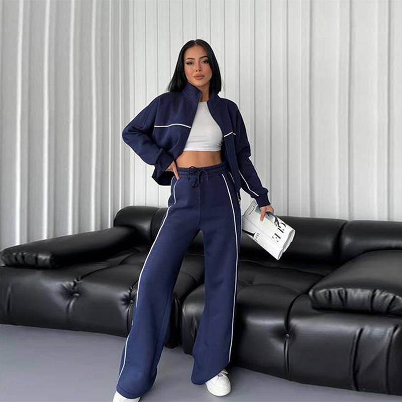 New Casual Set Women Longsleeved Half High Collar Cardigan Sweater Lace Up Striped Pants Women Clothing Fashion Two Piece Suits