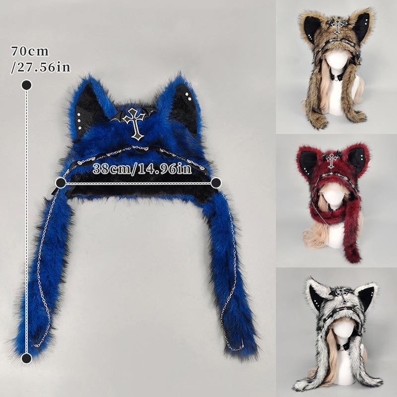 Dark Series Gothic Plush Hat Y2K Cross Metal Style Headwear Cosplay Cat Ear Hat Halloween Punk Rock Warm Cap For Women Men