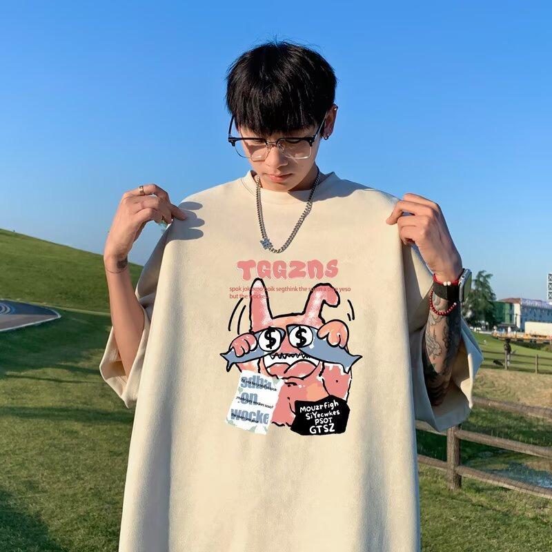 Men's Black Cartoon Monster Dollar Eye Print Oversized Short Sleeve T-Shirt Casual Streetwear Top