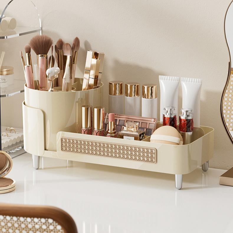 

Вращающийся органайзер для макияжа, Органайзер для ухода за кожей большой вместимости для столешницы, 2 в 1 Подставка для макияжа для ванной комнаты, Витрина для косметики (Кристально чистый)