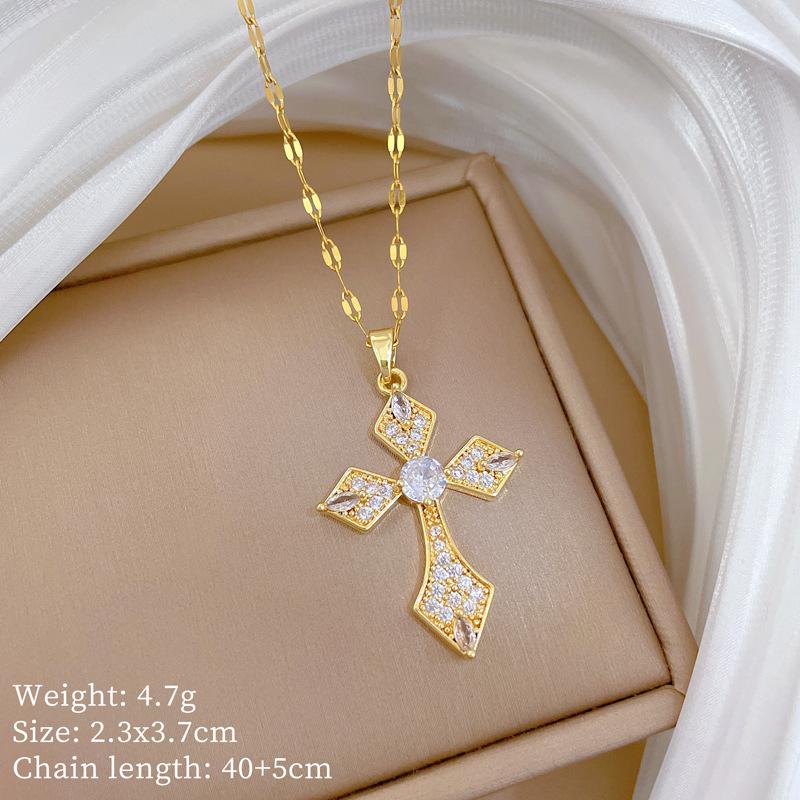 Acero de Titanio, Cruz de Diamante Completo Ligera Lujosa Temperamento Preciosa Cadena de Clavícula Versátil Femenina Collar de Diamante Completo Acero de Titanio