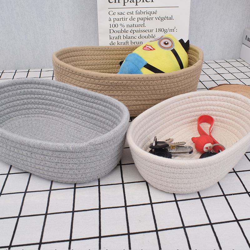 1PC Oval Woven Storage Basket Cotton Rope Woven Basket Simple Table Top Sundries Bedside Storage Basket Cosmetics Storage Basket