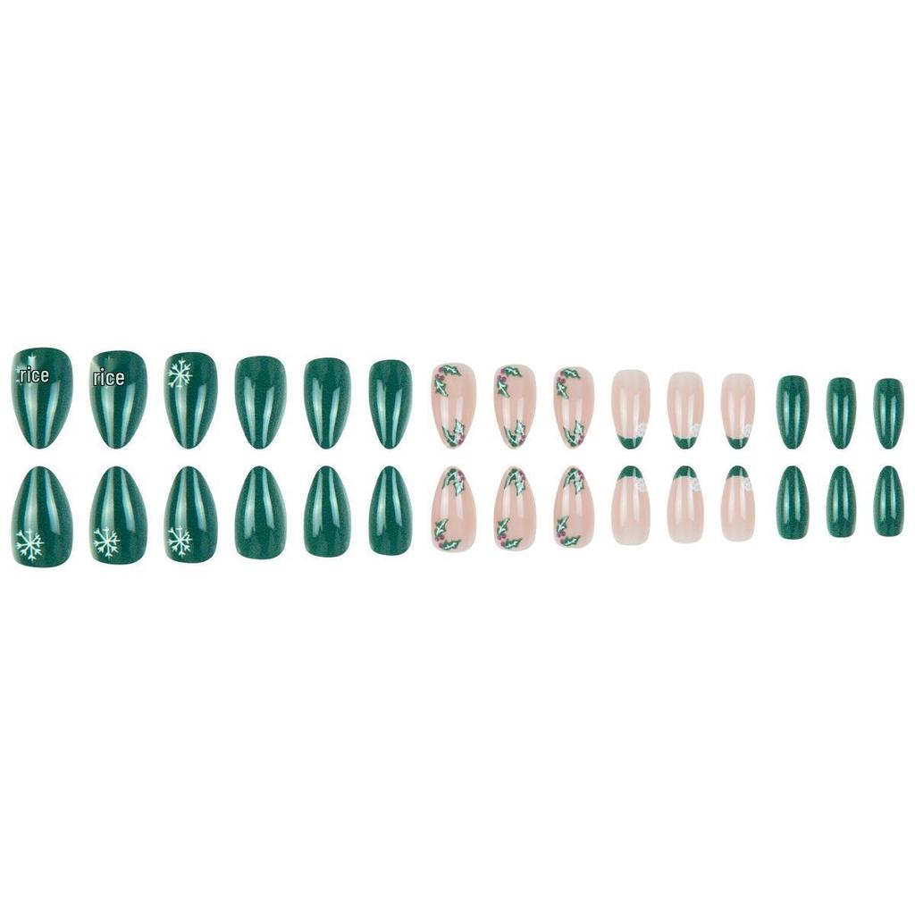 European & American Green Snowflake French Almond Nails - Wearable, Removable, 30-Piece Christmas Set