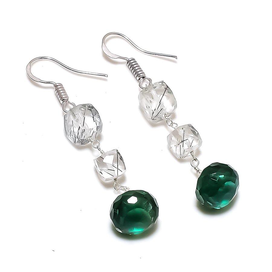 Black Rutile, Diopside Gemstone 925 Sterling Silver Jewelry Earring 2.01" GK-5156