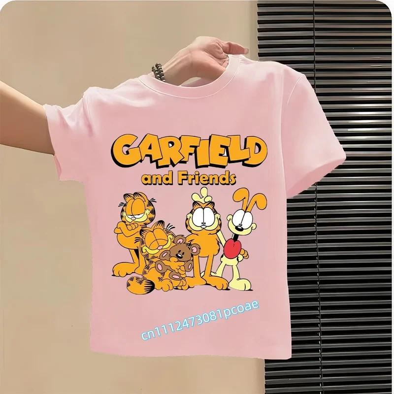 Garfield's new children's pure polyester short-sleeved boys' sports shirt, girls' casual top with cartoon print, summer T-shirt