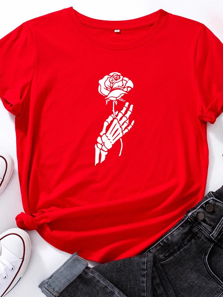 Dámské tričko s potiskem lebky, ruky a růže, s krátkým rukávem, s kulatým výstřihem, volné, letní, dámské, ležérní, topy, camisetas mujer