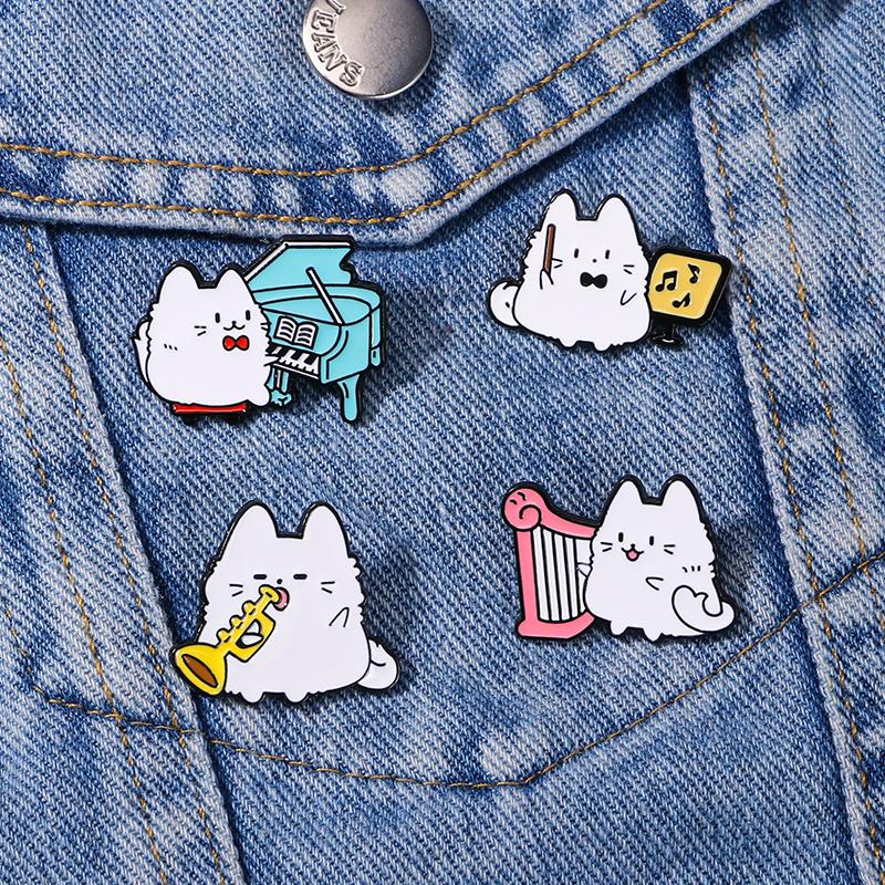 Cartoon Symphony Orchestra Cats Enamel Brooches Funny Music Kitty Kitten Play Harp Piano Saxophone Lapel Pins