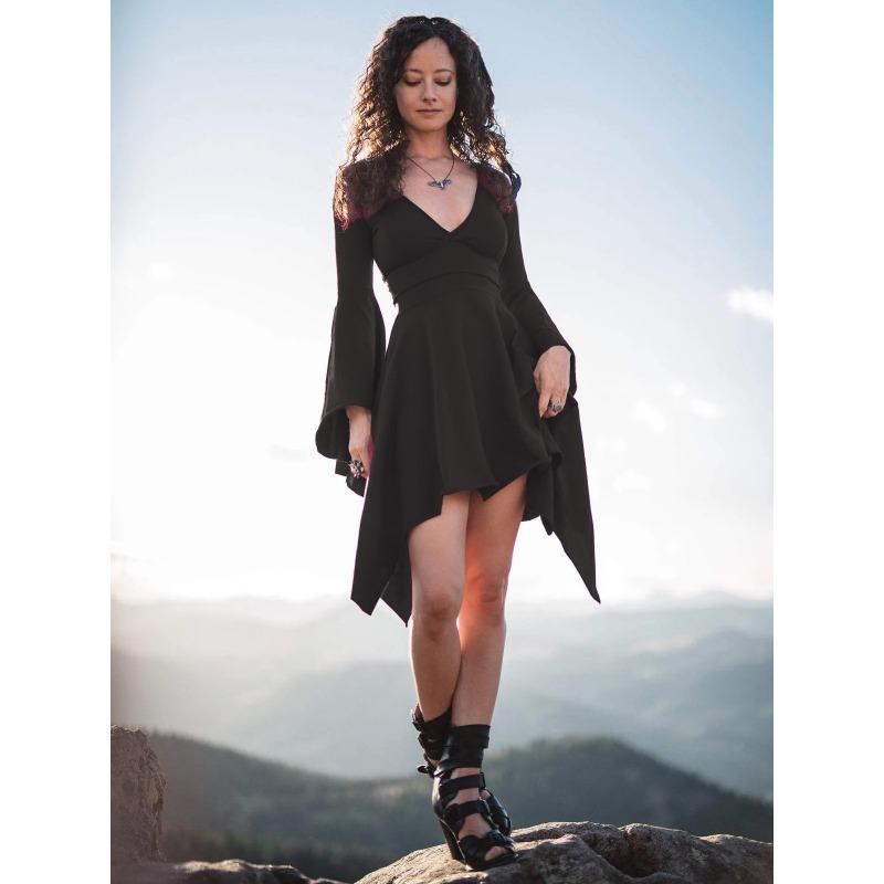 New Women s Sexy Deep Slim Fit Lotus Leaf Sleeves Irregular Dress Dress S чёрный