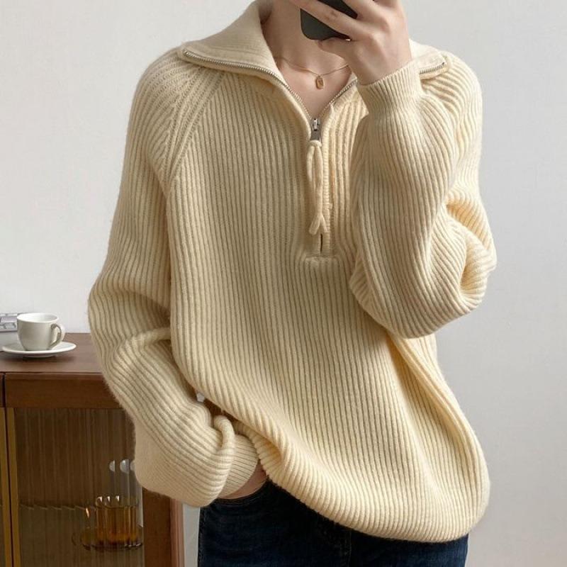 Autumn and winter new gentle solid color half-open lapel pit strip design sense small short knitted pullover sweater women