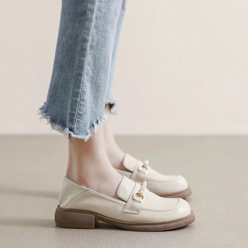 Low Heel Elegant Loafers Ladies Pumps Round Toe Women's Shoes Pearl Stylish on Sale Summer 2025 Spring Slip Luxury Brand Dress