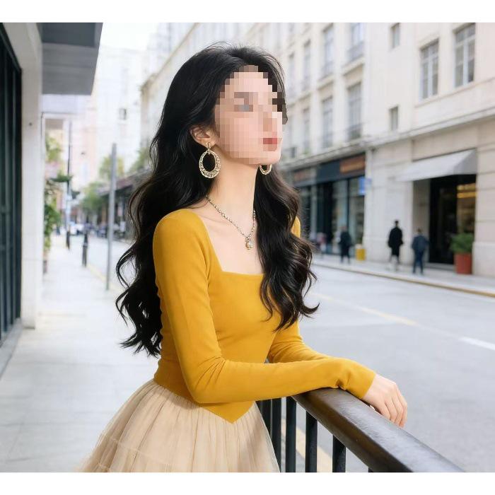 Elegant Yellow Patchwork Square Neck Long Sleeve Dress - 2026 Spring Fashion for Women 2XL