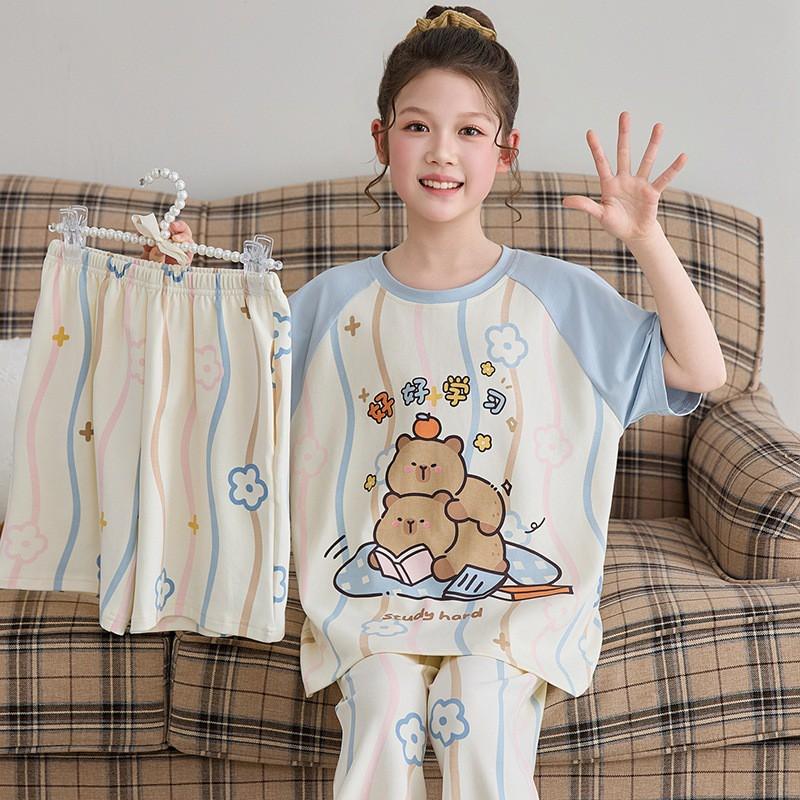 Girls Cotton Pajama Set Short Sleeve Long Pants Cartoon Print Sleepwear Kids Home Wear