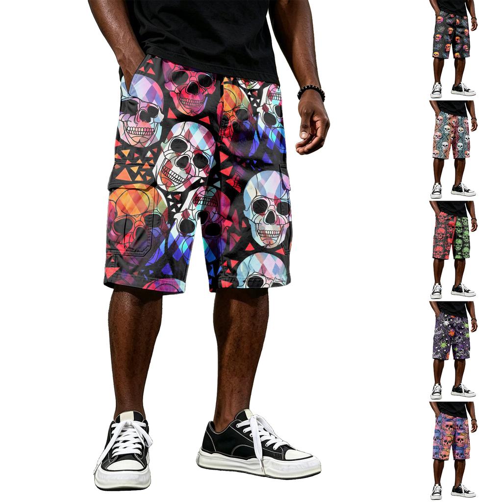 Pantaloncini casual da uomo con coulisse, colorati, al ginocchio, con tasche multiple