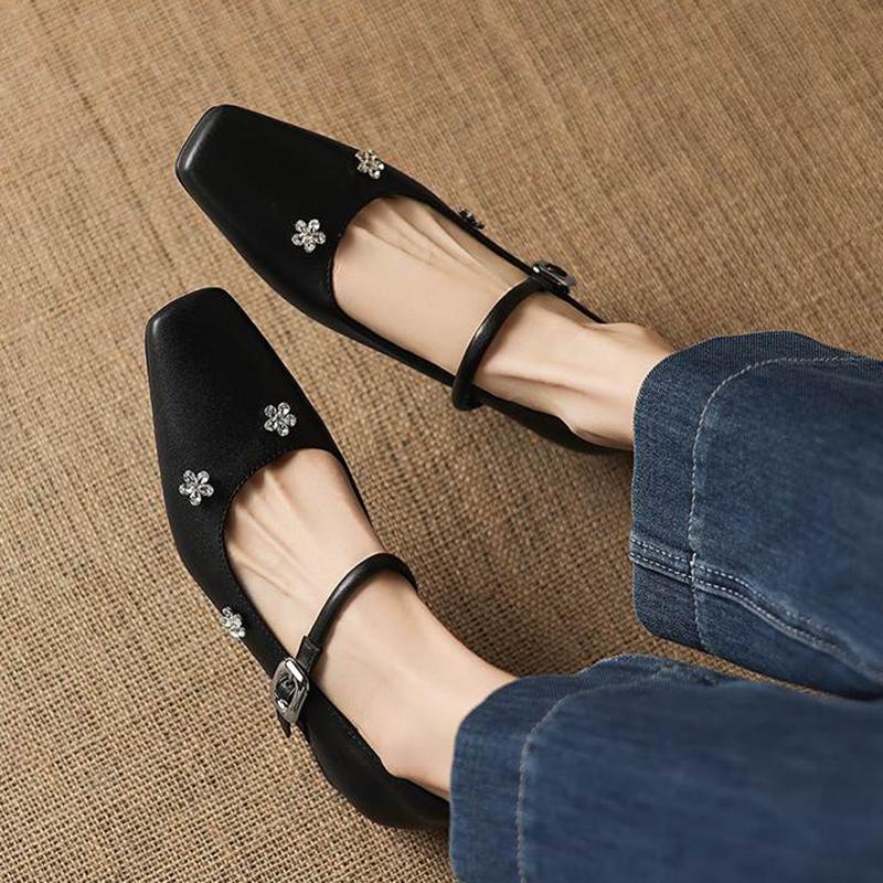 Krazing Pot Microfiber Square Toe Thick Med Heels Spring Summer Shoes Big Size 43 Flowers Decoration Women Office Lady Pumps