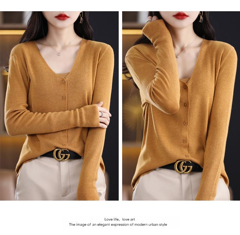 Women's 100% Pure Wool V-Neck Cardigan - Solid Color, Button-Up, Loose Fit Knitwear