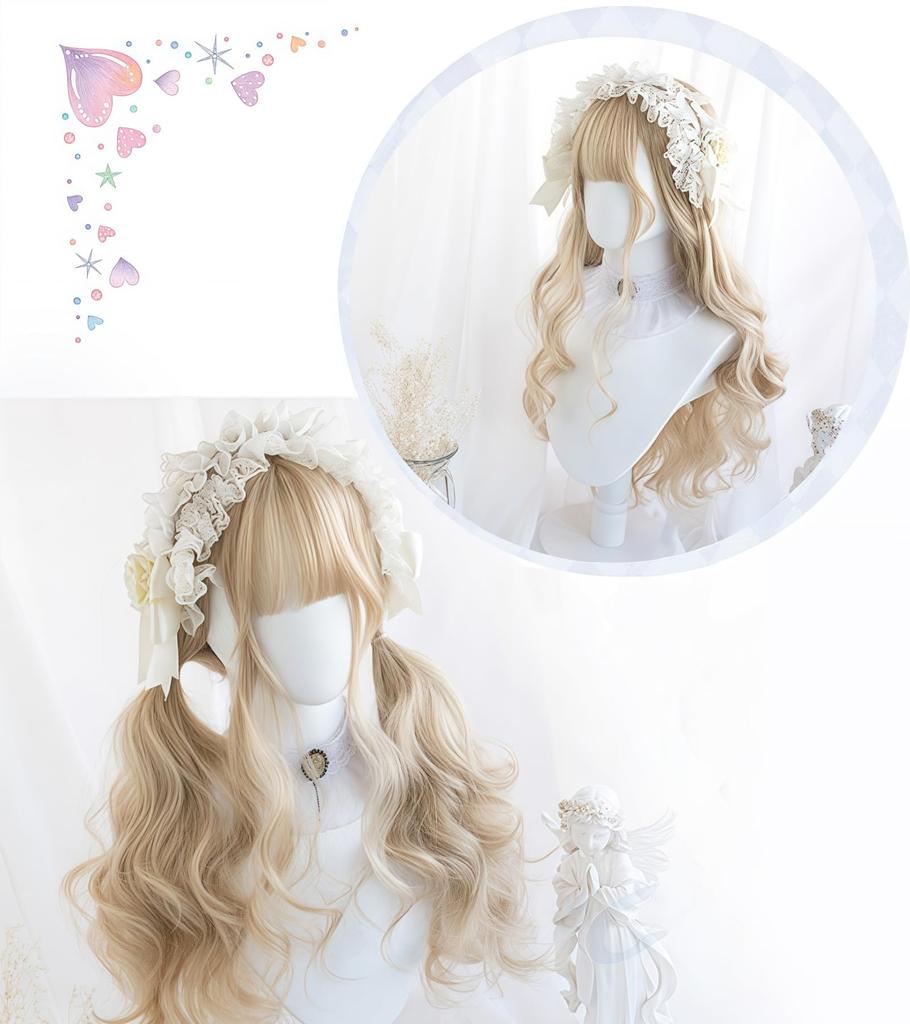 Sizuuenn Lolita Full Curly Long Hair in Blonde and Cream Cute Cosplay Wig with Perfect for School Cultural and Photo Shoots Women's Wig, Pigtails,
