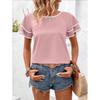 Women Elegant Ruffled Sleeve Color Block Loose Round Neck Short Sleeve Top