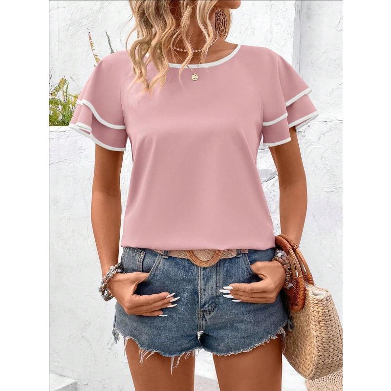 Women Elegant Ruffled Sleeve Color Block Loose Round Neck Short Sleeve Top