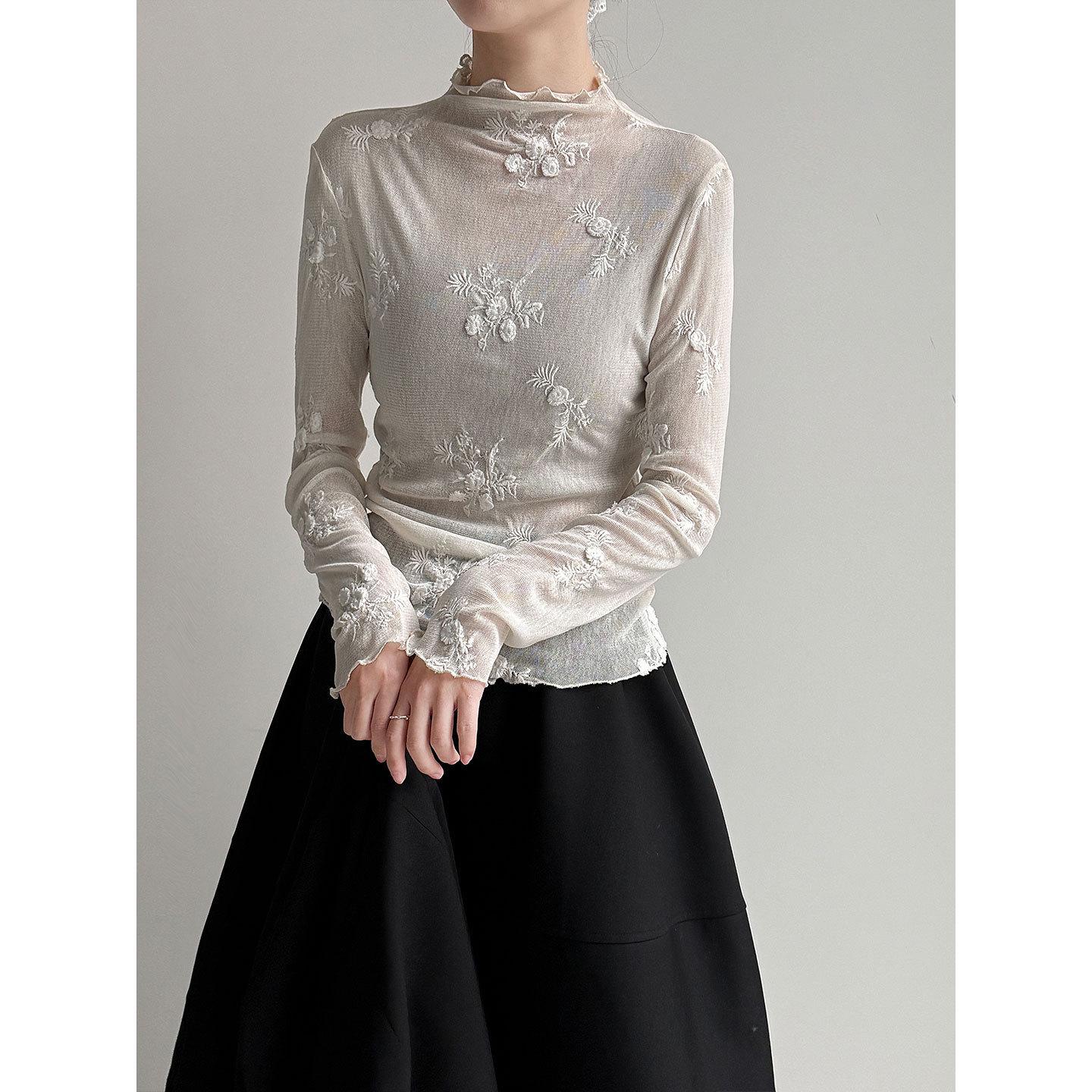 LUXI Women s Stand Collar Embroidered Mesh Top - Early Spring 2026 Korean Style Inner Layer Medium