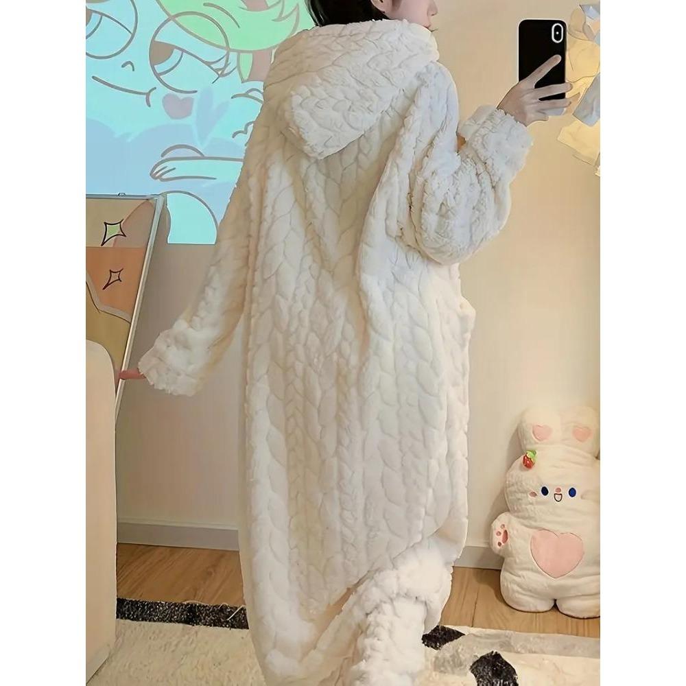 Halat confortabil cu glugă din fleece coral pentru femei - Lung, cald și moale, rochie de lounge cu buzunare, lavabil la mașină - Perfect pentru toamnă/iarnă