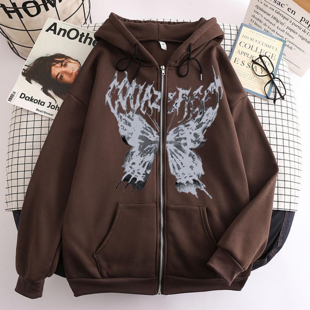 Women's Hooded Zip Up Loose Fit Long Sleeve Printed Butterfly Casual Cardigan Sweatshirt Jacket
