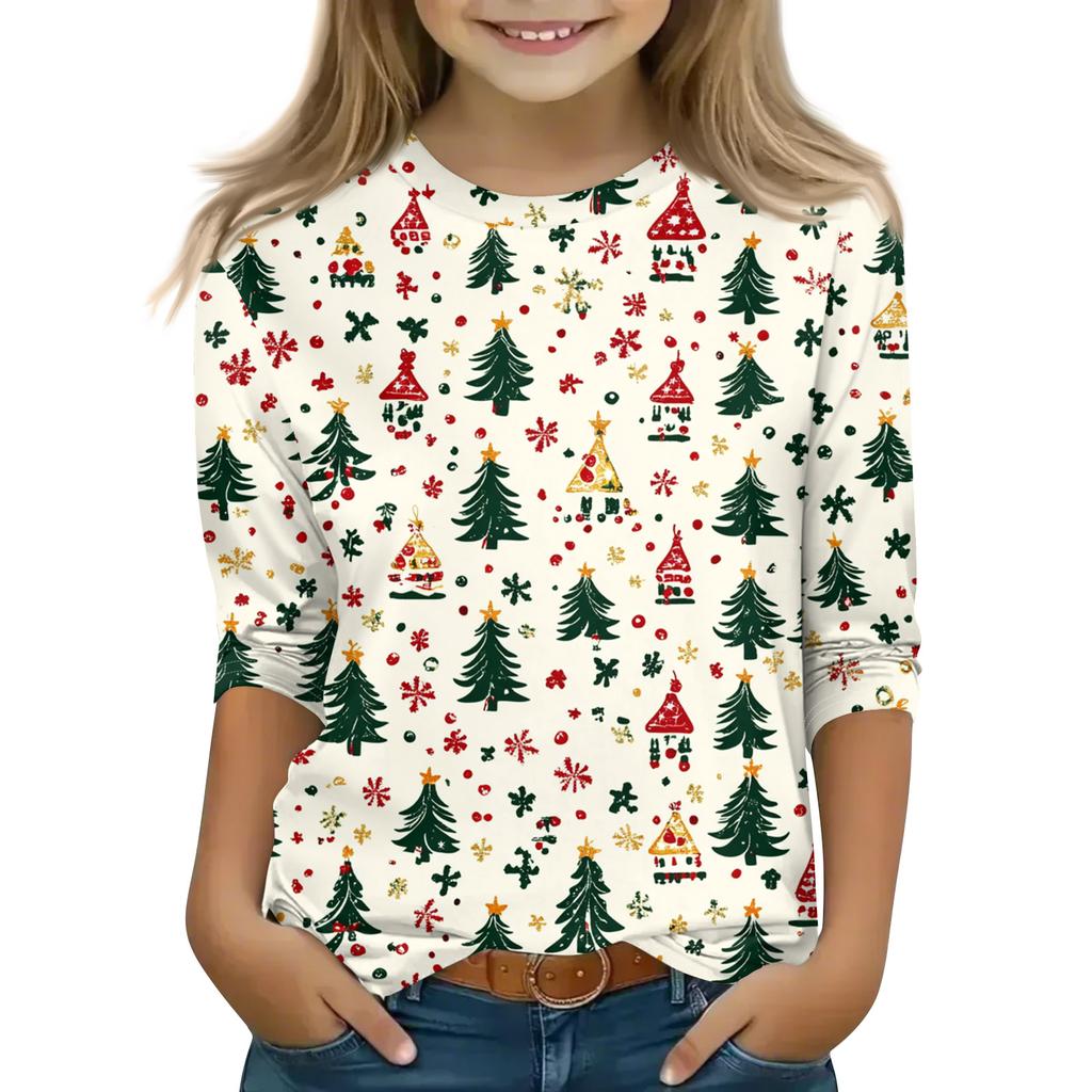 Christmas Day Print Tops For Youth Girls 5-16 Years Round Neck 3/4 Sleeves T-Shirts Trendy Tops Outfit Tees