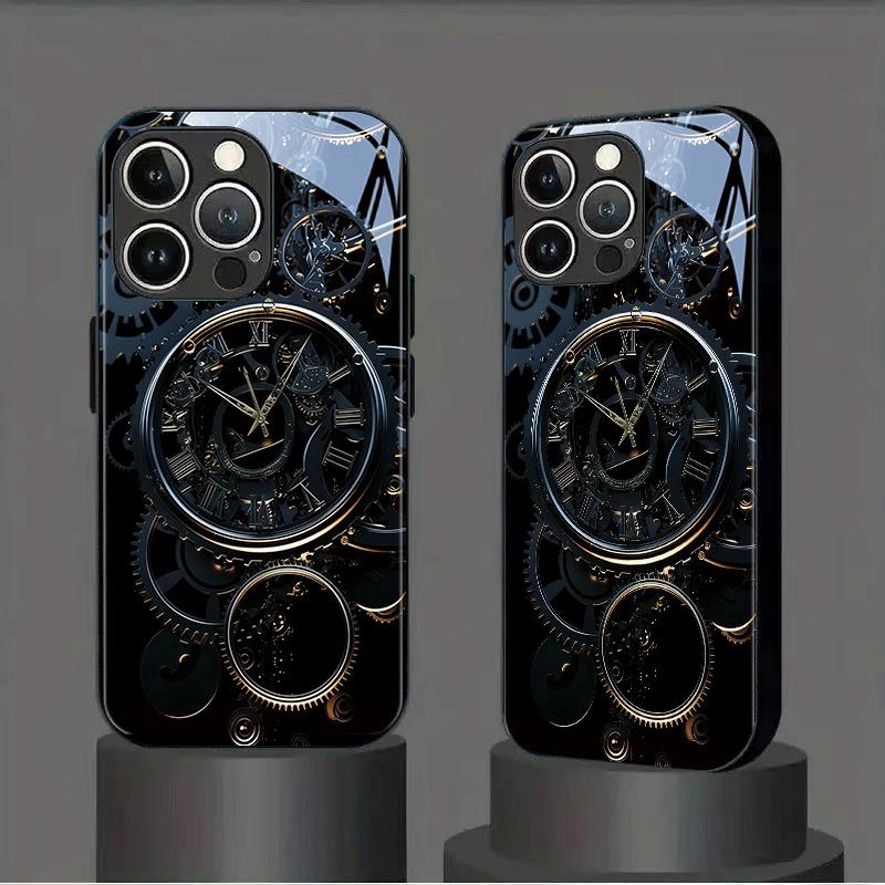 Black Gold Mechanical Clock Pattern Tempered Glass Phone Case For iPhone 17 16 15 Pro Max 14 13 12 11 17Air 7 Plus XR XS X Cover
