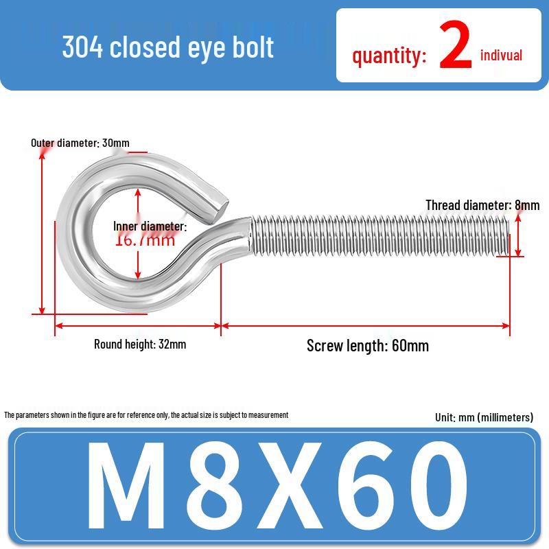 304 Stainless Steel Eyebolt with Ring Hook – Machine Thread Closed Eye Bolt (M4 M5 M6 M8)
