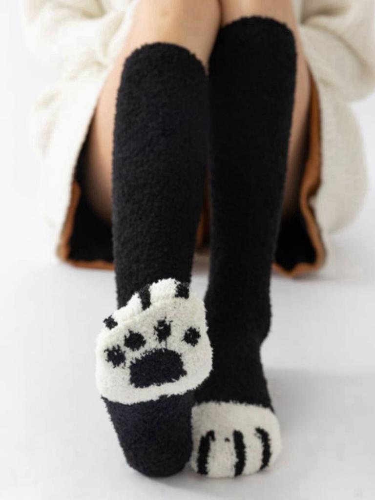 College Style Thicken Coral Fleece Cat Paw Calf Socks For Women Autumn Winter Warm Long Tube Socks Home Sleeping Floor Socks